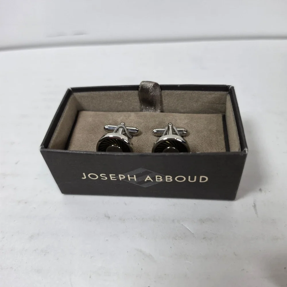 Joseph Abboud Mens Round Sunburst Inlay Silver‎ Tone Cufflinks with Box